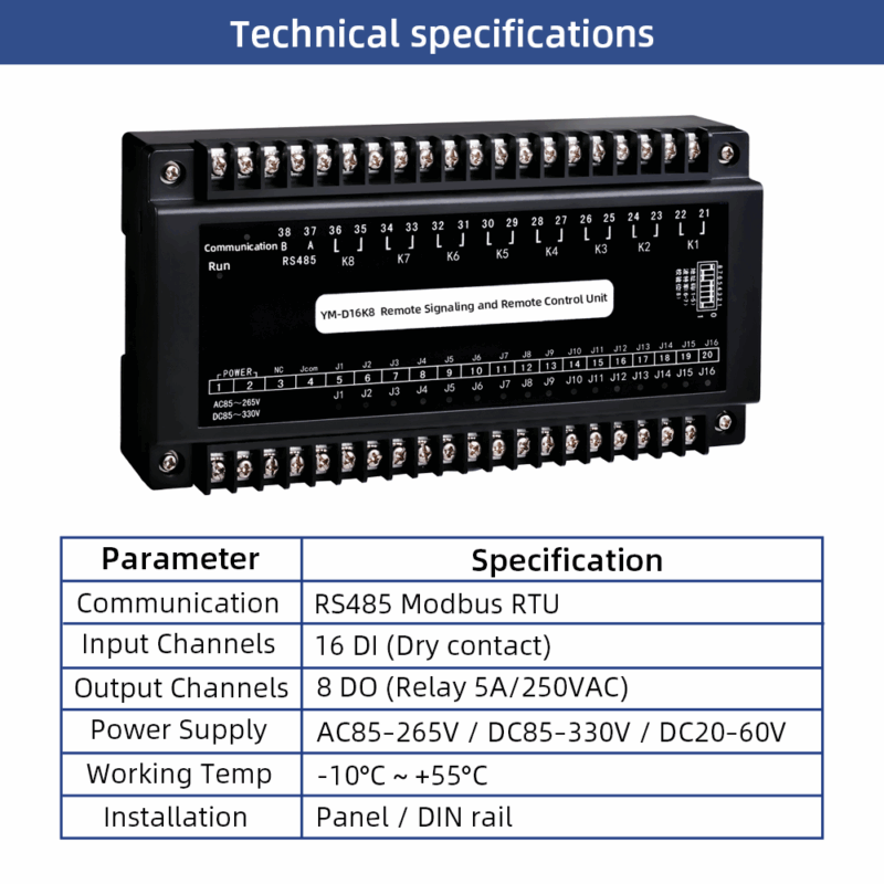 YADA YM-D16K8 Remote Signaling and Control Unit | 16DI 8DO RS485 Modbus RTU Remote I/O Module - Image 2